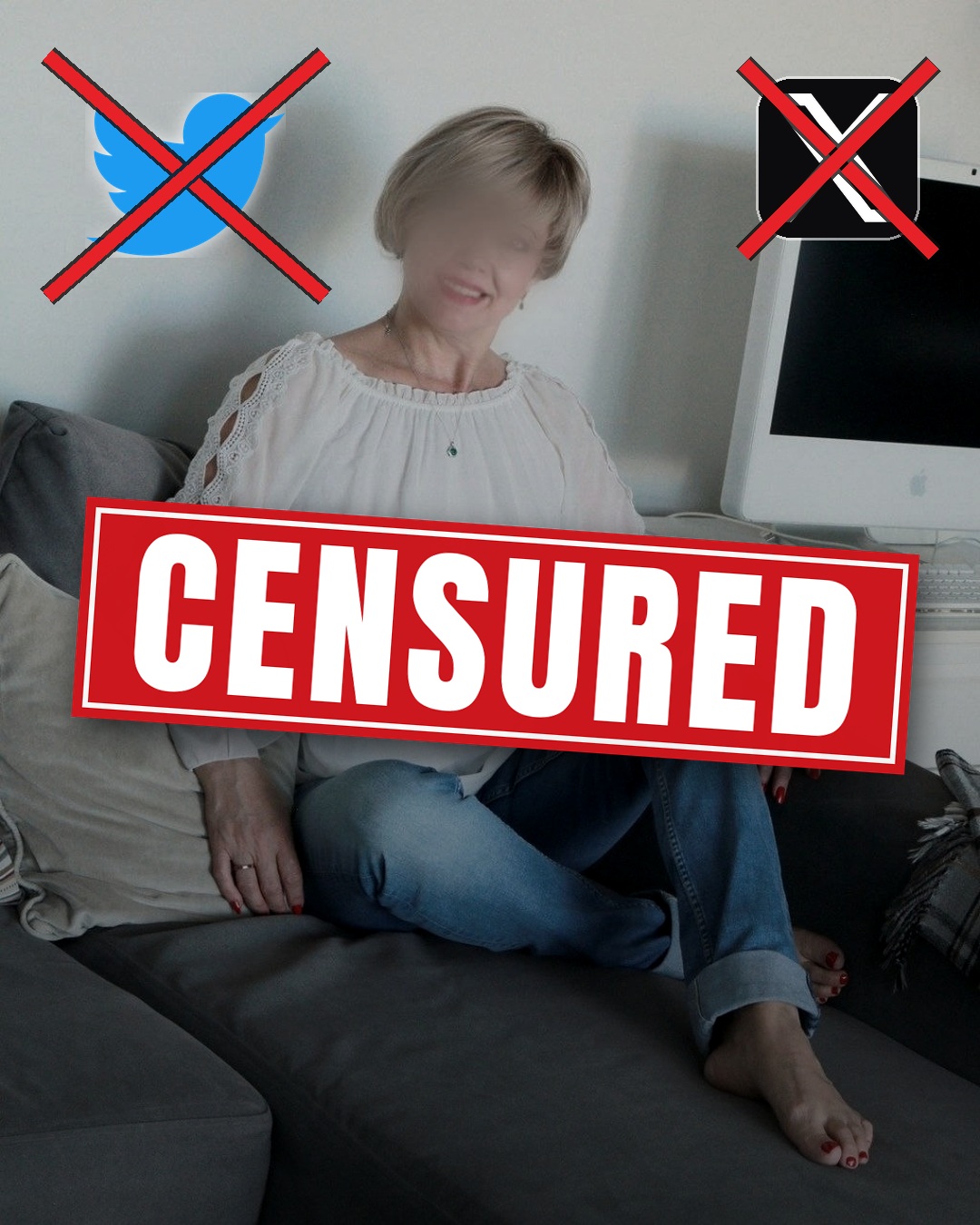 Portada del blog: el pajarito azul de Twitter y la X, cada uno tachado con una cruz roja, con la palabra CENSURED